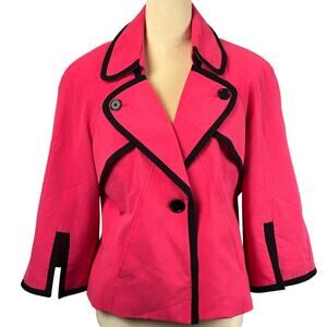 Nine West Pink Double Breasted Blazer Black Piping 3/4 Split Blouson Sleeve 10